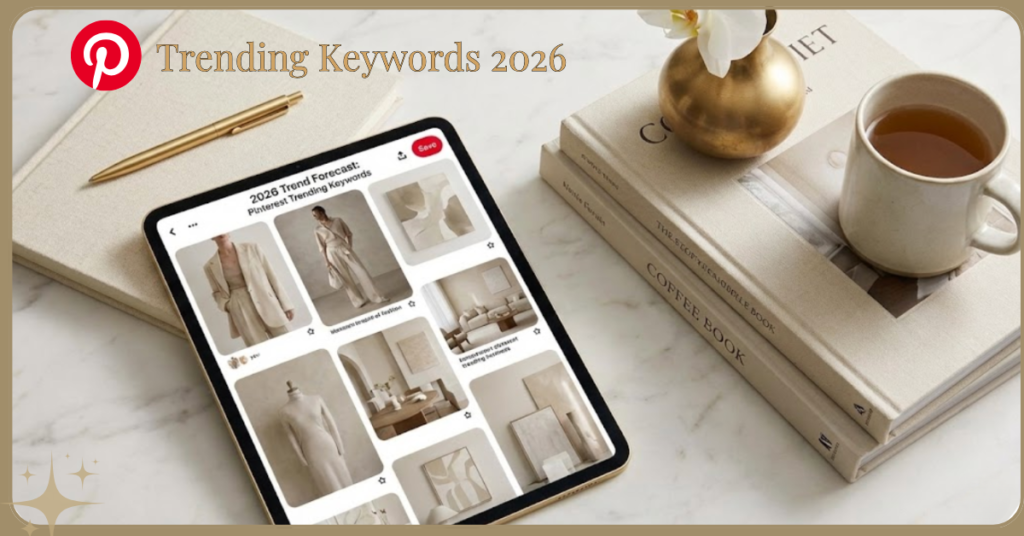 A sophisticated workspace flat lay on a white marble surface featuring an iPad displaying "2026 Trend Forecast: Pinterest Trending Keywords." The elegant scene includes a gold pen, a white orchid in a brass vase, aesthetic coffee table books, and a ceramic mug, perfectly embodying the quiet luxury brand identity for intentional traffic growth.