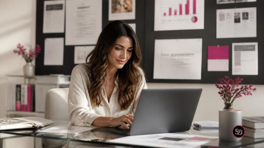 Modern female strategist working on a laptop with brand strategy boards and analytics in an editorial office setting to convert followers to clients.