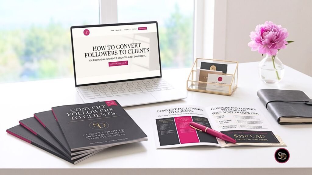 Brand alignment report and laptop displaying how to convert followers to clients for the Luxury Growth Audit by Suzanne Dufault