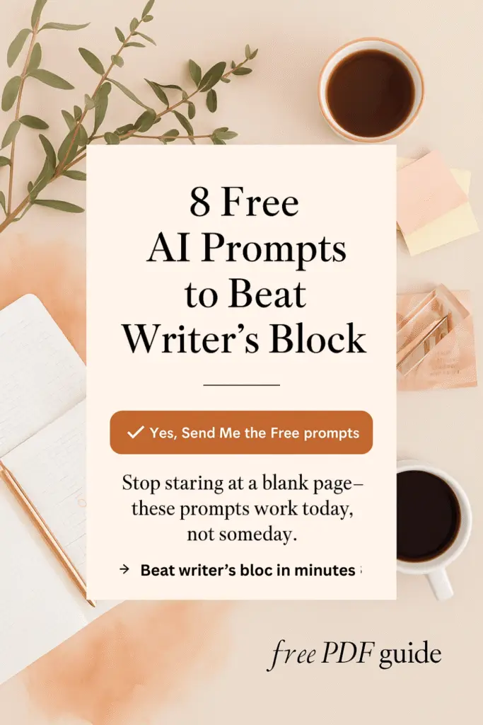 A magazine-style Pinterest graphic showing a workspace with coffee, notebook, and text that reads “8 Free AI Prompts to Beat Writer’s Block.” Promotes a free downloadable PDF guide with prompts to help bloggers, entrepreneurs, and small business owners write faster and create more content.