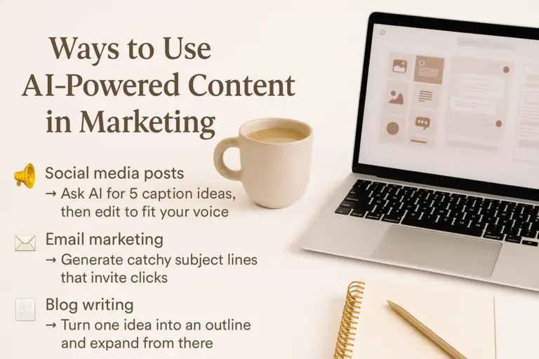 Ways to use AI-powered content in marketing for small businesses with examples of social media posts, email marketing, and blog writing