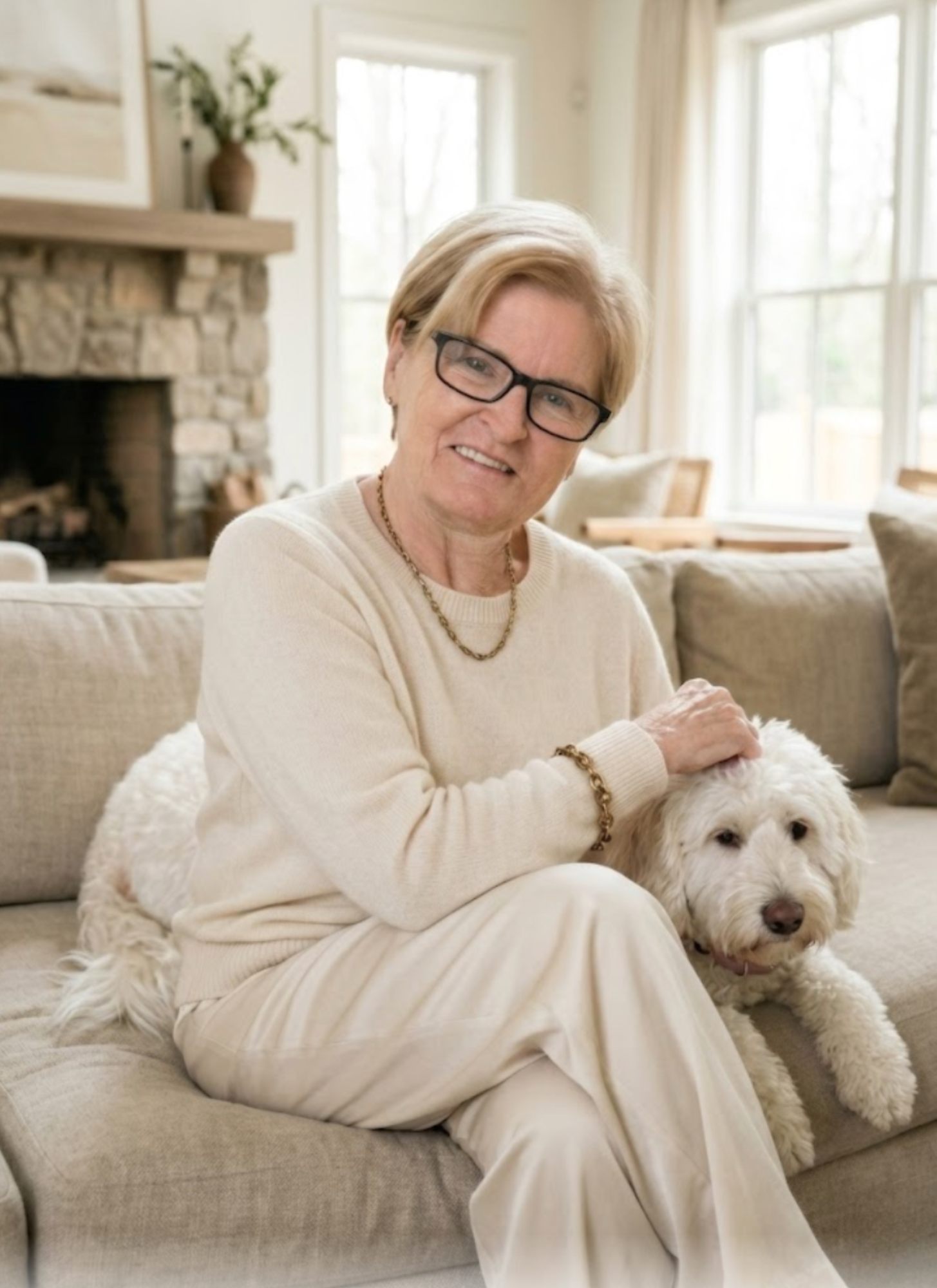 Suzanne Dufault, expert in strategic brand building, sitting in a quiet luxury living room with her Goldendoodle dog.