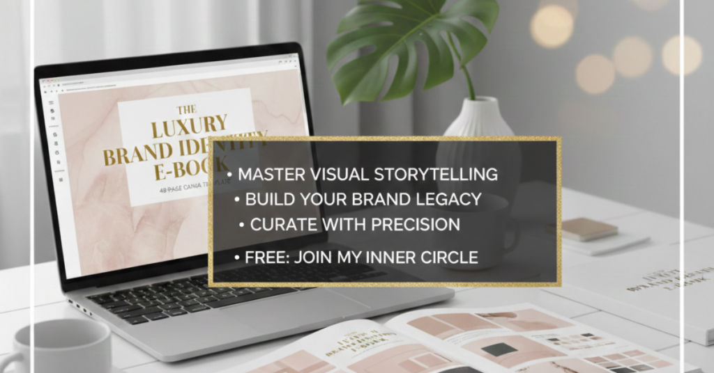 A sophisticated laptop sitting on a marble desk in a soft-lit, neutral home office. The screen displays a 'Luxury Brand Identity Guide' e-book with soft pink and gold accents. A black overlay box features gold typography promoting the free branding resource for creative entrepreneurs.