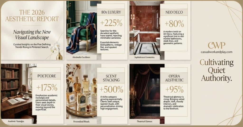 A sophisticated magazine-style editorial layout showcasing Pinterest trending keywords for 2026, including 80s Luxury, Neo Deco, and Poetcore. The visual aesthetic features soft neutrals, gold accents, and white orchids, reflecting the quiet luxury brand identity of Casual Work and Play.