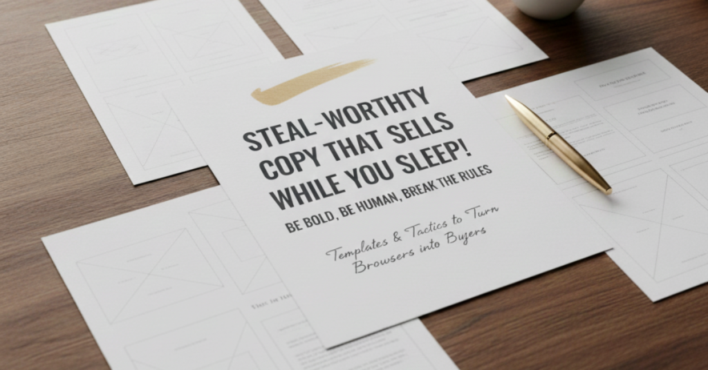 Pinterest keywords, Elegant, minimalist workspace featuring scattered copywriting guide pages on a natural wood desk, representing the eBook 'Steal-Worthy Copy That Sells While You Sleep' for high-end creative brands.