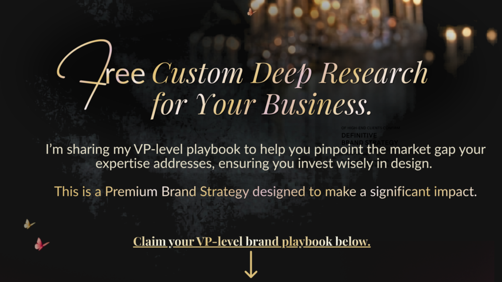 Premium Brand Strategy visual by Suzanne Dufault titled 'The Market Gap,' featuring gold script text for 'Free Custom Deep Research' and a call to action to claim a VP-level brand playbook. High-contrast editorial style for service-based entrepreneurs.