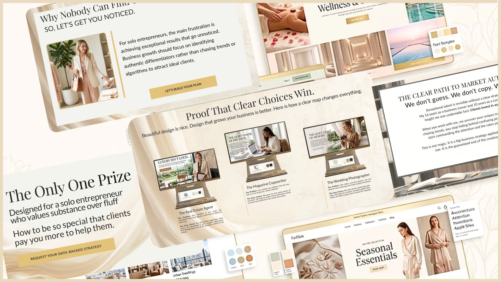 A digital collage mockup displaying a collection of premium WordPress website templates in an elegant, minimalist editorial style with a neutral beige color palette. The overlapping screens showcase strategic marketing copy, business frameworks, and professional layouts tailored for high-end solo entrepreneurs, including mockups for a real estate agent, magazine copywriter, fashion brand, and wedding photographer.