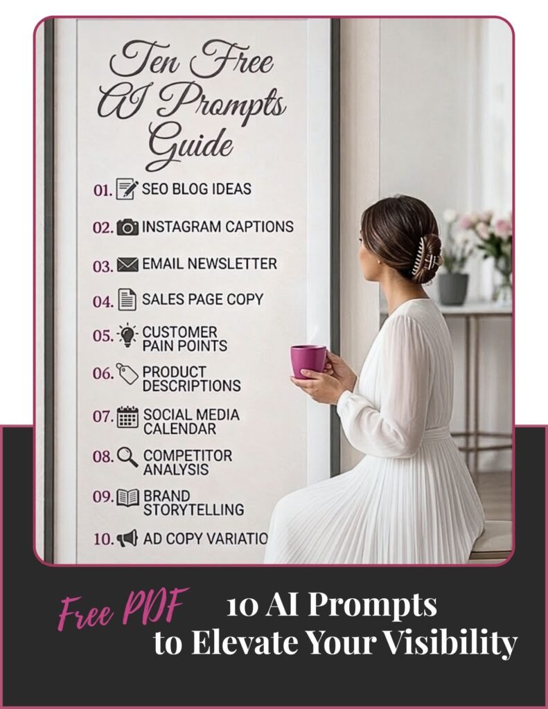 A woman in a white dress holds a pink mug next to a large framed list titled 'Ten Free AI Prompts Guide.' A bottom banner states, '10 AI Prompts Free PDF to Elevate Your Visibility.