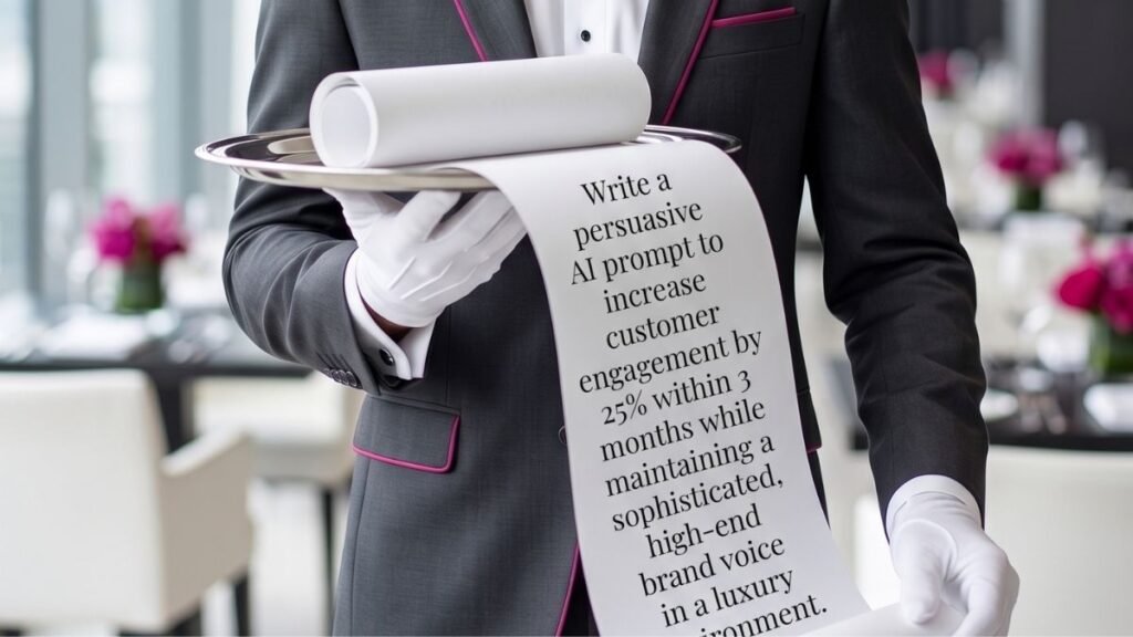 Close-up of a waiter in white gloves holding a silver tray from which a white scroll unrolls with black text. The text reads: 'Write a persuasive AI prompt to increase customer engagement by 25% within 3 months while maintaining a sophisticated, high-end brand voice in a luxury environment.' A blurred, modern, high-end restaurant with purple floral accents is visible in the background.