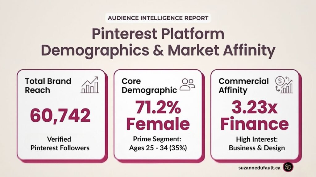 Pinterest social media audience intelligence report showing verified follower reach, core demographic breakdown, and high commercial affinity in finance, business, and design.