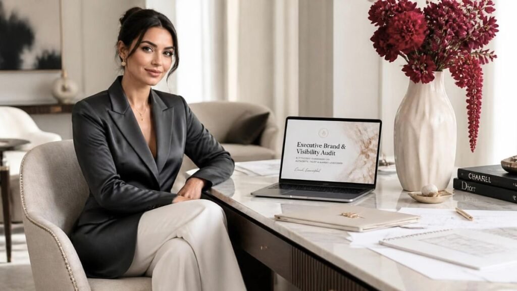 Brand messaging strategy and Brand Visibility Audit presentation on an open laptop at an executive desk, featuring an elegant female strategist in a charcoal silk blazer seated beside deep crimson floral arrangements in a luxury studio setting.