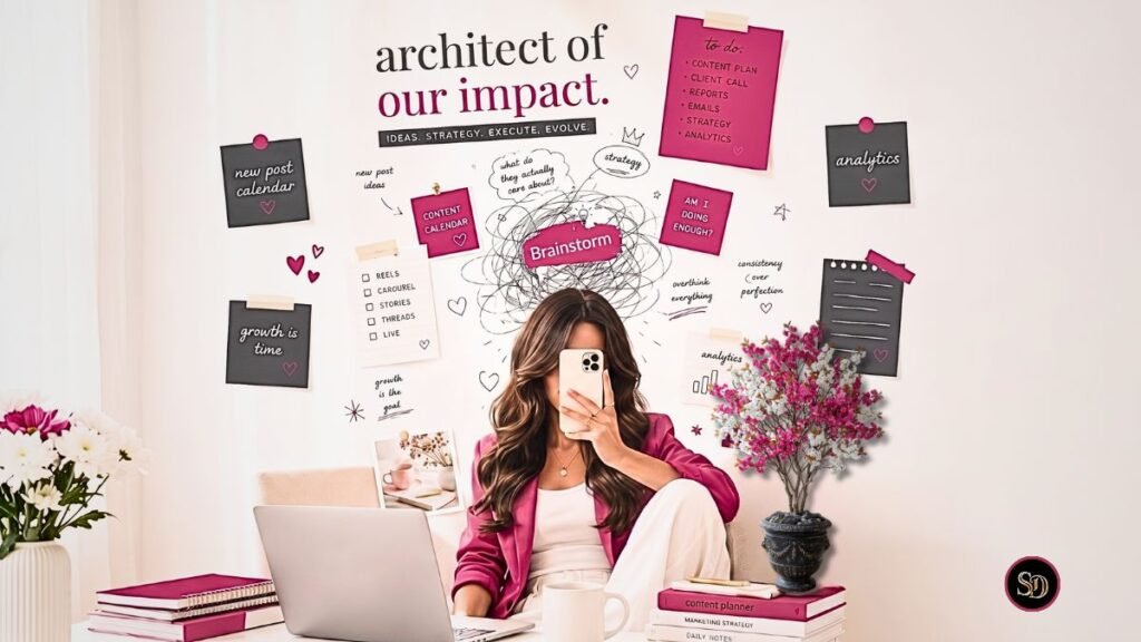 Grow Your Business Online with Strategic Brand Design (1) Modern creative strategist with long brown hair sitting at a workspace with a laptop, books, and fuchsia and charcoal sticky notes showcasing tools to grow your business online.