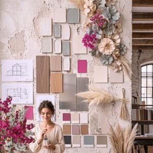 A woman in a cream linen dress holding a glass jar in a high-end design studio, standing against a rustic textured plaster wall displaying architectural blueprints, ceramic color swatches, pampas grass, and a fuchsia accent card for a custom B2B brand color palette.