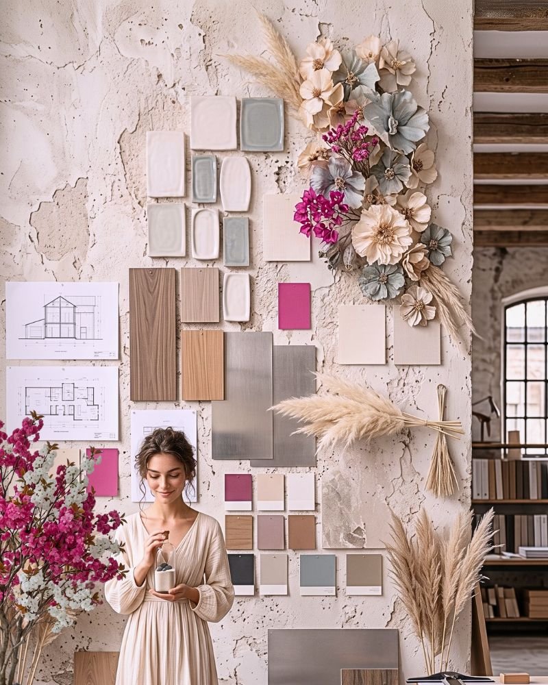 A woman in a cream linen dress holding a glass jar in a high-end design studio, standing against a rustic textured plaster wall displaying architectural blueprints, ceramic color swatches, pampas grass, and a fuchsia accent card for a custom B2B brand color palette.