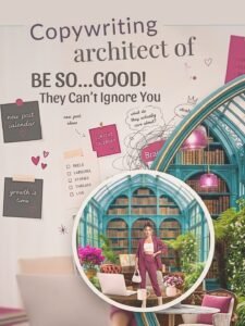 Cover of the BE SO... GOOD! Persuasive Sales Copy Masterclass PDF, featuring a stylish creative director in a berry suit inside an emerald glasshouse library workspace.