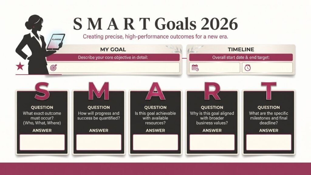 A structured infographic worksheet for defining Strategic SMART Goals (Specific, Measurable, Achievable, Relevant, Timely) in 2026, featuring a corporate silhouette holding a tablet. This guide is designed to refine key performance indicators for a successful social media strategy, commercial visibility, and high-performance revenue growth.