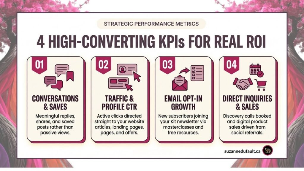 Strategic social media performance metrics infographic showing 4 high-converting KPIs including engagement quality, click-through rate, email lead conversion, and client inquiries in brand colors.