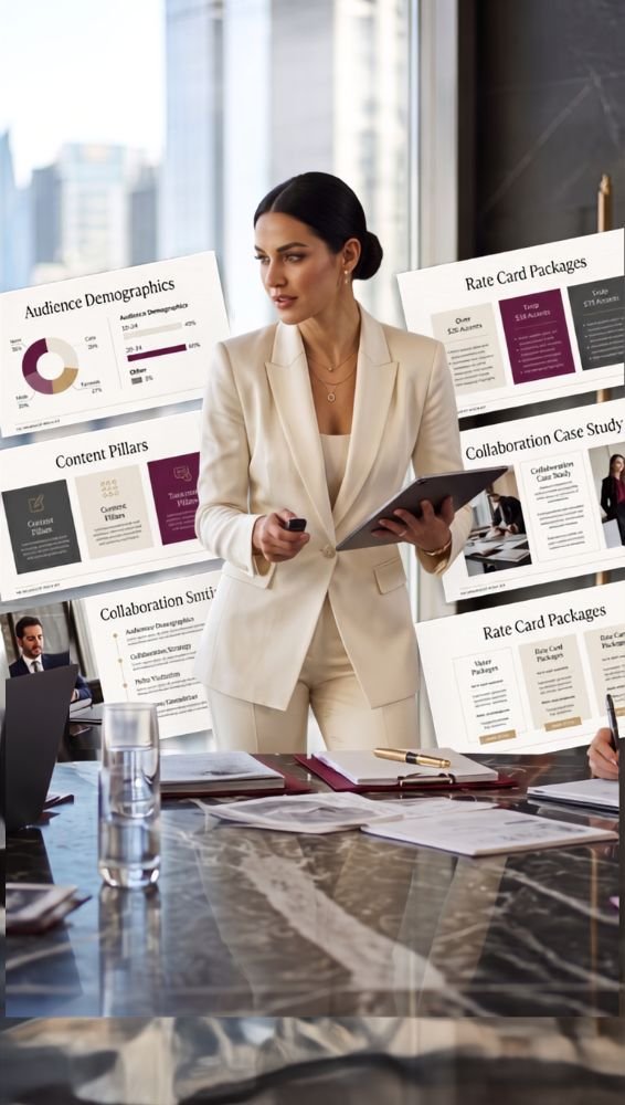 4-slide executive influencer media kit and rate card Canva templates displaying audience metrics, case studies, and premium brand strategy frameworks for creator sponsorships.