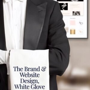 Editorial butler presenting the turnkey premium brand strategy and website design package with a gold card to increase executive website visibility.