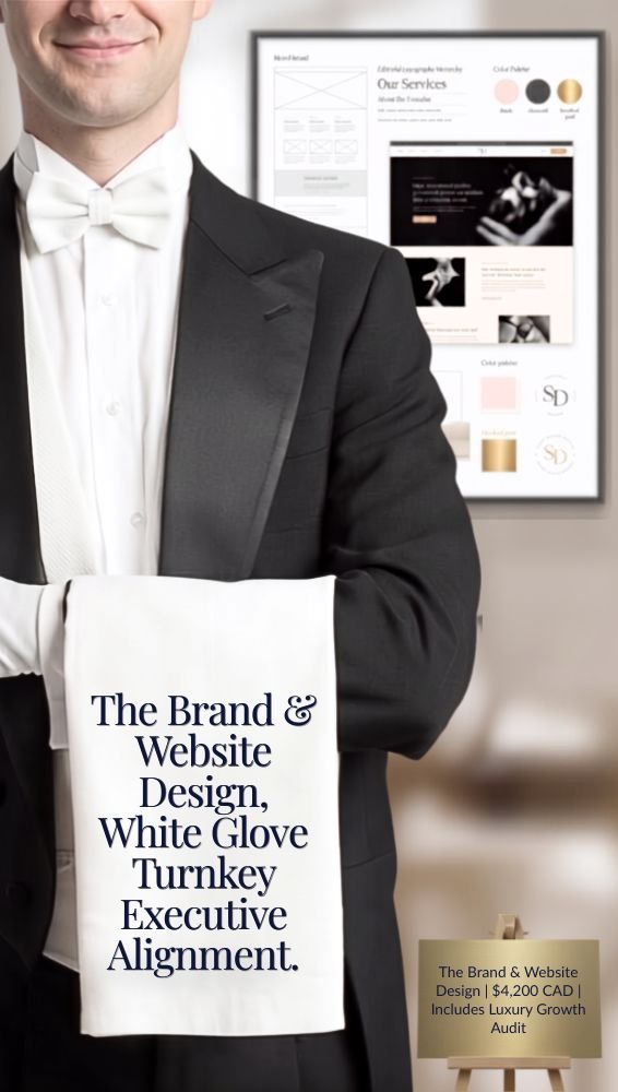 Editorial butler presenting the turnkey premium brand strategy and website design package with a gold card to increase executive website visibility.