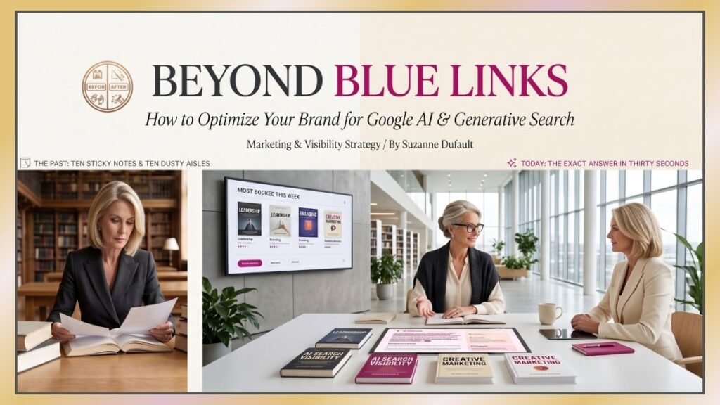 Generative Engine Optimization An editorial before-and-after image for a blog post titled "BEYOND BLUE LINKS: How to Optimize Your Brand for Google AI & Generative Search," with "Marketing & Visibility Strategy / By Suzanne Dufault" written below the title against a cream background. A circular "BEFORE AFTER" stamp is visible on the top left.
On the left, a small, dark vertical panel labeled with a document icon and "THE PAST: TEN STICKY NOTES & TEN DUSTY AISLES" shows a seasoned blonde businesswoman in a charcoal blazer looking overwhelmed as she reads papers at a library desk cluttered with heavy books.
On the right, a much larger, brightly lit panel labeled with a fuchsia sparkle icon and "TODAY: THE EXACT ANSWER IN THIRTY SECONDS" shows the same businesswoman in a cream blazer, now relaxed and seated at an expansive white desk in a modern, glass-walled library. She is consulting with an elegant, seasoned librarian in glasses who is gesturing toward recent books laid out on the desk, including titles like "AI SEARCH VISIBILITY" and "CREATIVE MARKETING." A digital tabletop screen in front of them displays a scannable AI search overview interface. On the wall behind them, a large screen displays "MOST BOOKED THIS WEEK" with book covers.