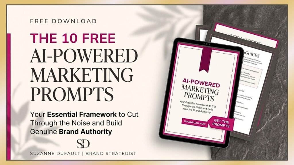 Generative Engine Optimization (1) Digital mockup of 10 Free AI-Powered Marketing Prompts guide on a tablet and editorial worksheets in cream, charcoal, and fuchsia brand colors by Suzanne Dufault.