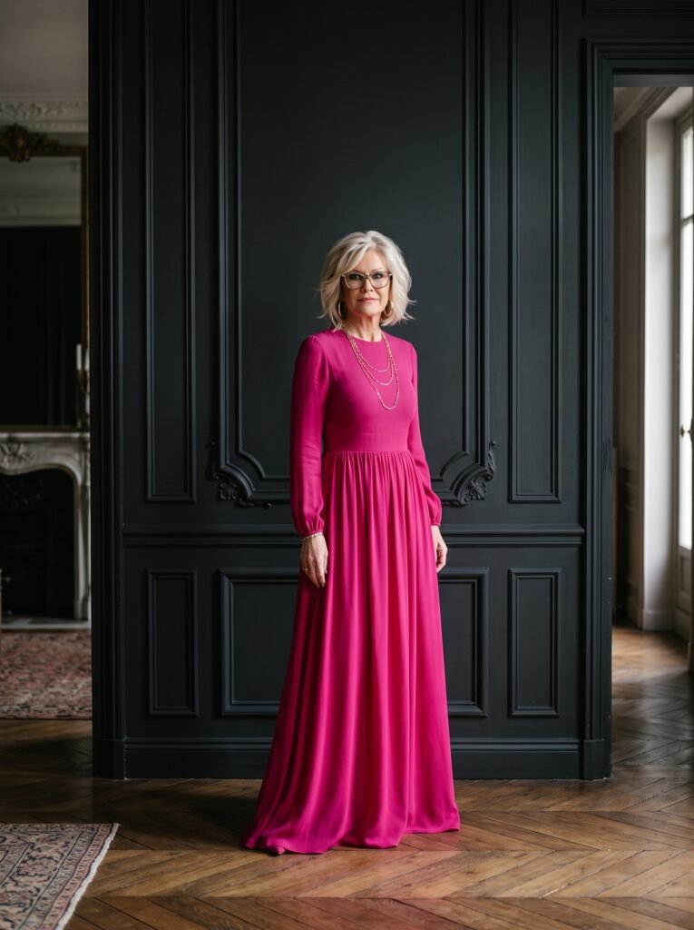 Suzanne Dufault Full-length portrait of Suzanne Dufault, Executive Brand Strategist, wearing an elegant floor-length fuchsia gown in a classic interior with charcoal wall moulding and herringbone wood floors.
