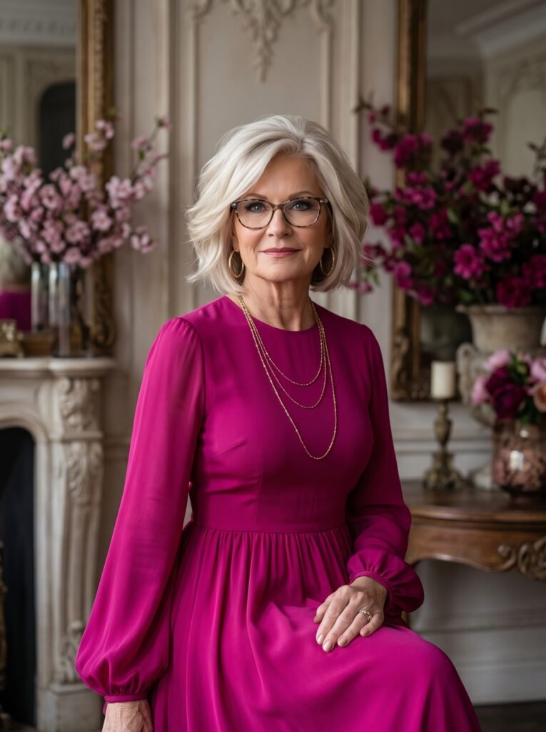 Suzanne Dufault Portrait of Suzanne Dufault, Executive Brand Strategist and Creative Director, wearing an elegant magenta silk dress and glasses in a classic European-style interior.