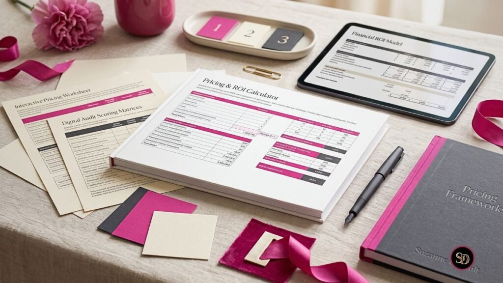 digital asset ecosystem Executive pricing calculator and ROI model for packaging proprietary frameworks, styled in quiet luxury cream, charcoal, and fuchsia on a linen workspace.