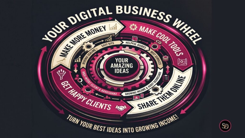 A colorful graphic of a digital asset system called "Your Digital Business Wheel," showing how to package proprietary frameworks using a simple flywheel. The circular flow in white, cream, fuchsia, and charcoal connects four easy steps: "Your Amazing Ideas" in the center, "Make Cool Tools," "Share Them Online," "Get Happy Clients," and "Make More Money" with the caption "Turn your best ideas into growing income!"