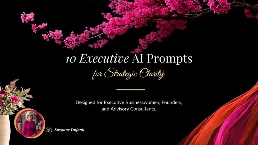 Black graphic with fuchsia cherry blossom branches and script text reading '10 Executive AI Prompts for Strategic Clarity,' a circular photo of Suzanne Dufault, and flowing red fabric.