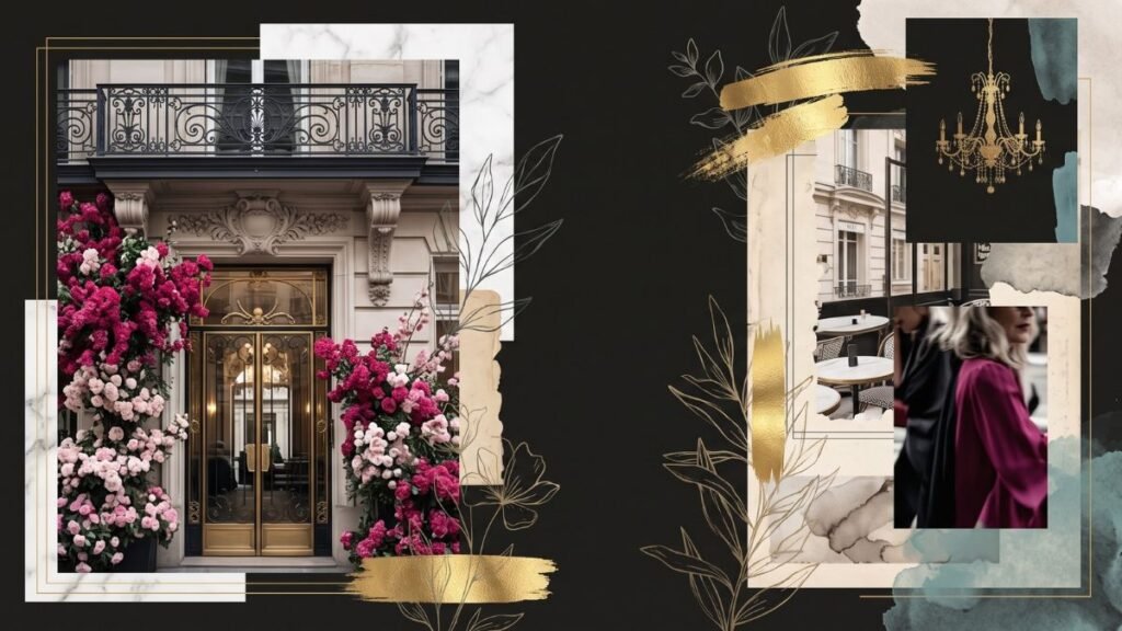 A luxury editorial collage on a dark charcoal background featuring classic Parisian architecture, rich fuchsia floral arrangements, gold brushstrokes, and teal accents, representing premium brand strategy for business women.