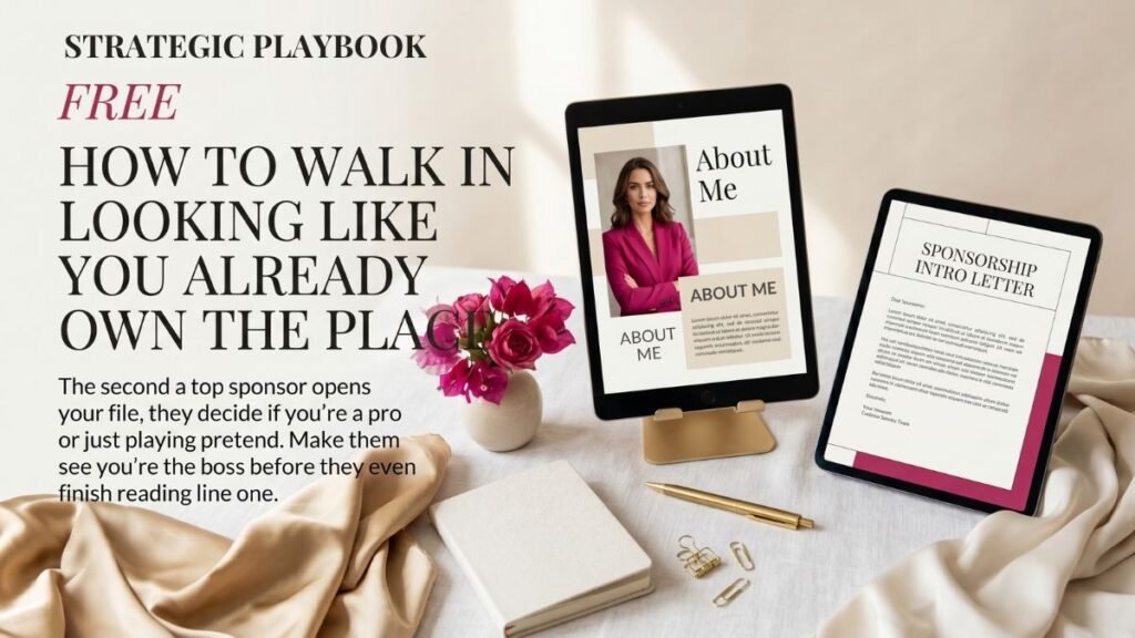 standout on line Free Strategic Playbook Canva templates to stand out online, displaying an About Me page and Sponsorship Intro Letter on digital tablets with luxury desk styling.